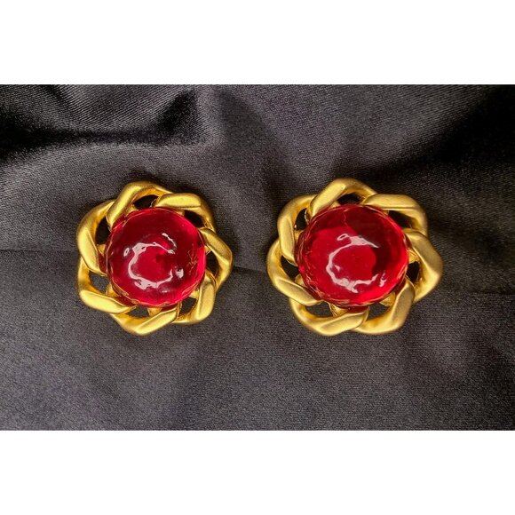 Rare Find Vintage CINER Signed Red Glass Art Deco Gold Tone Clip On Earrings - Picture 1 of 5